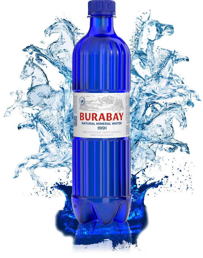 Бутылка BURABAY NATURAL MINERAL WATER 1991 на фоне коней из воды